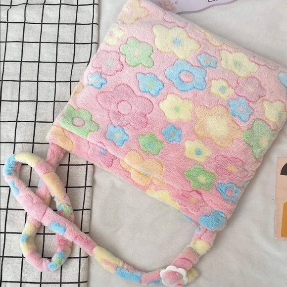 Tote crossbody bag flower plush soft womens pink - Picture 7 of 9